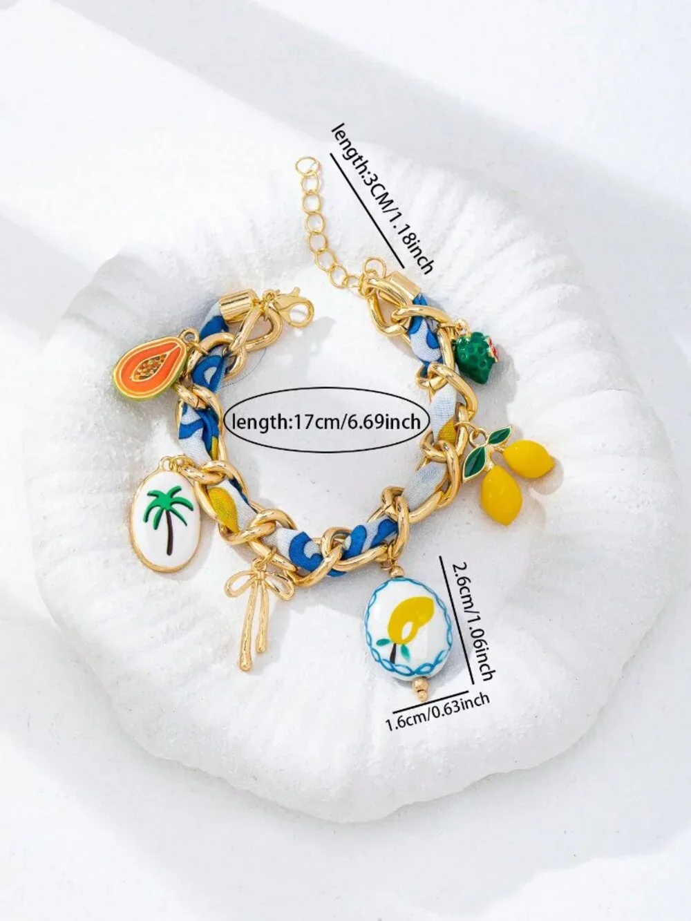 Multicolor Woven Women's Fruit Bracelet with Lemon & Palm Tree Pendant - Picture 2 of 3